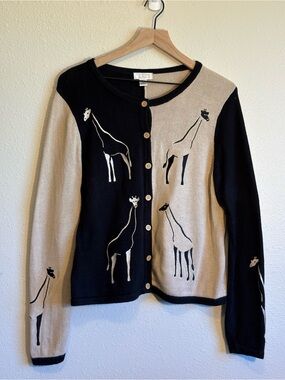 VTG Y2K Christopher & Banks Embroidered Giraffe Cardigan Sweater Black Cream L